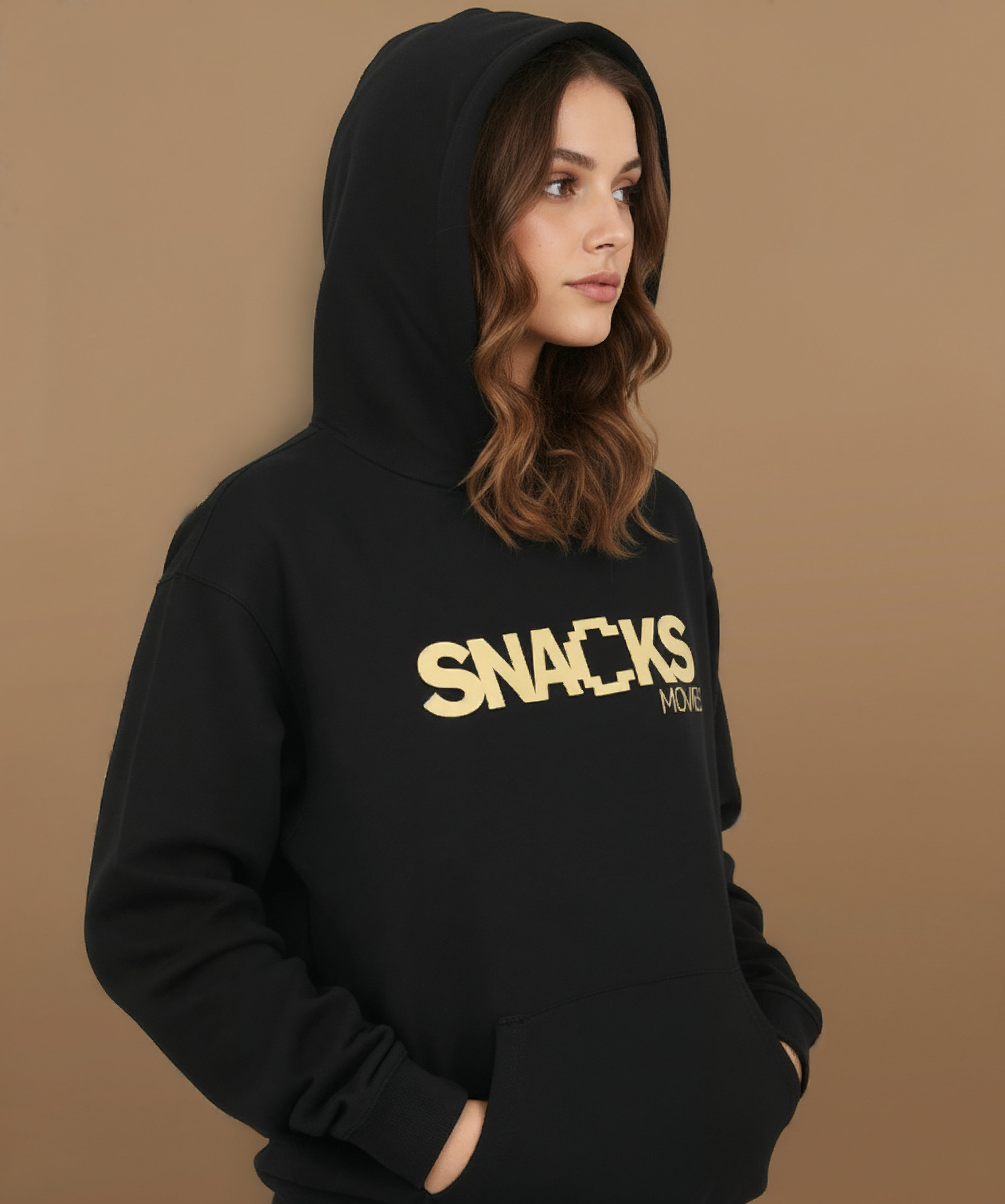 female model wearing Sweethearts Snacks & Movies hoodie from the Moods Drop collection, right angle