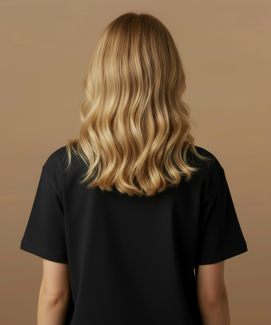 Female model wearing a black t-shirt with sweethearts brand 'SNACKS' printed in yellow from moods collection on a brown background. her back is showing