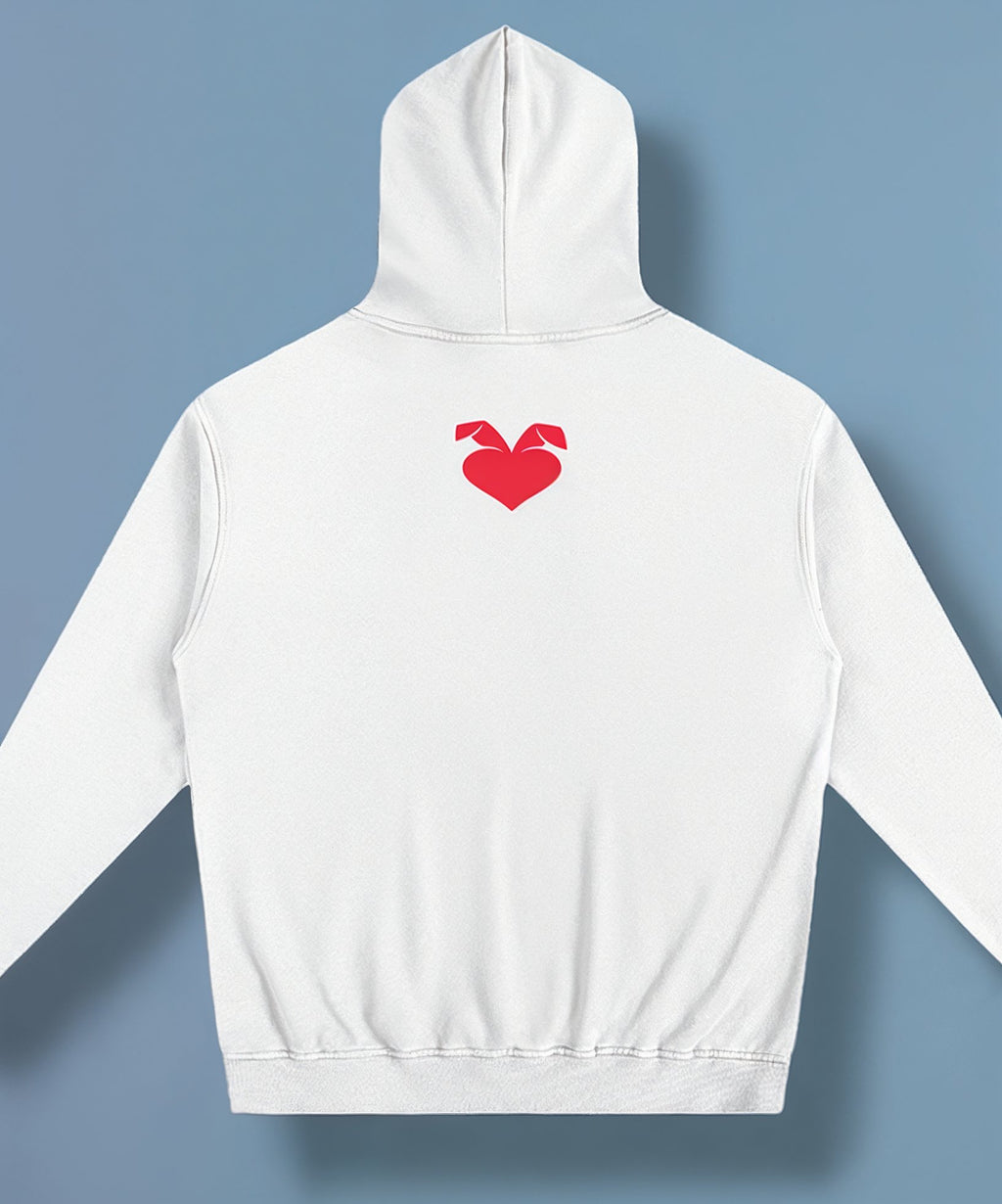 back of a white hoodie with a sweethearts red heart logo and xoxo design and text on a blue background
