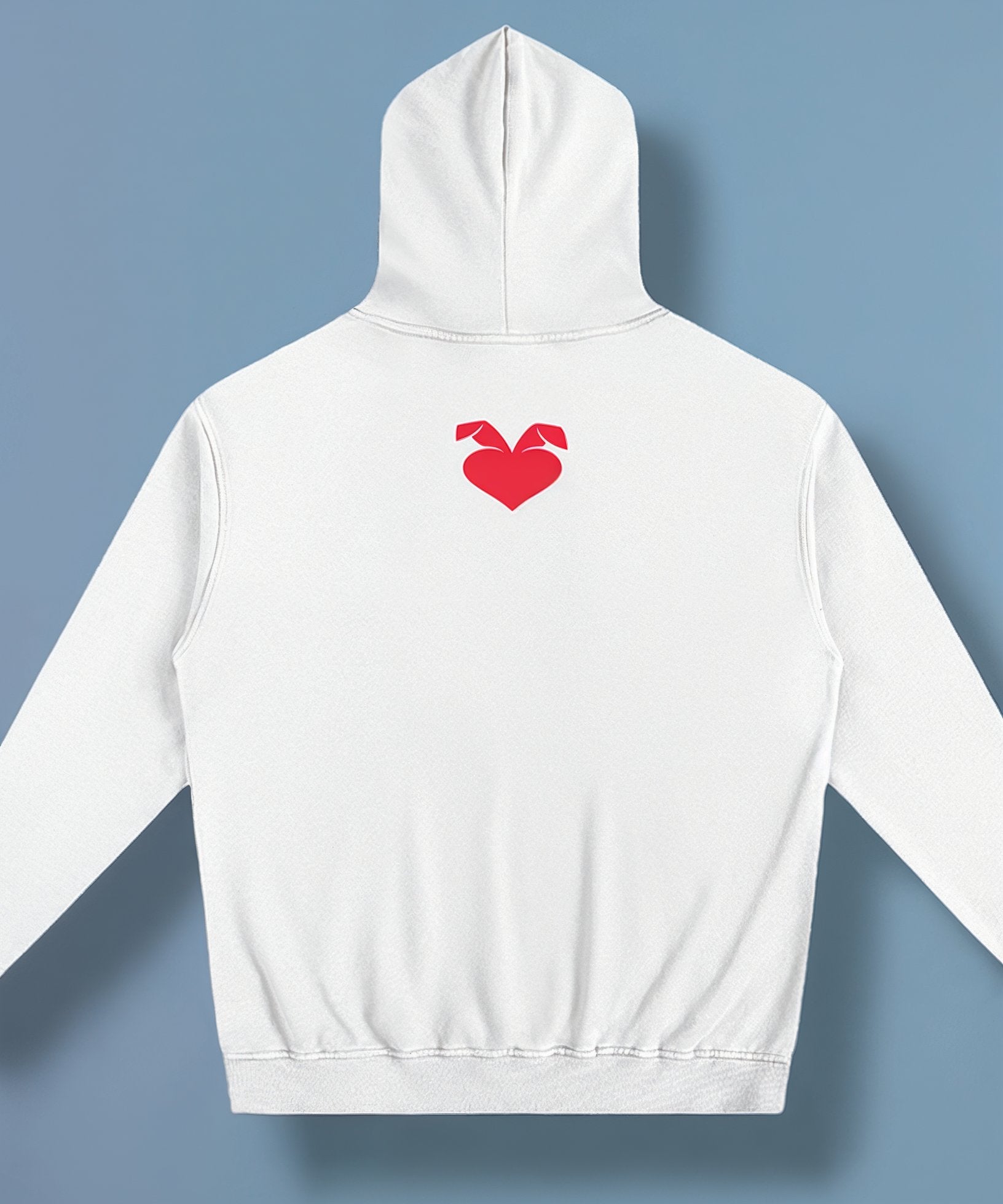 back of a white hoodie with a sweethearts red heart logo and xoxo design and text on a blue background