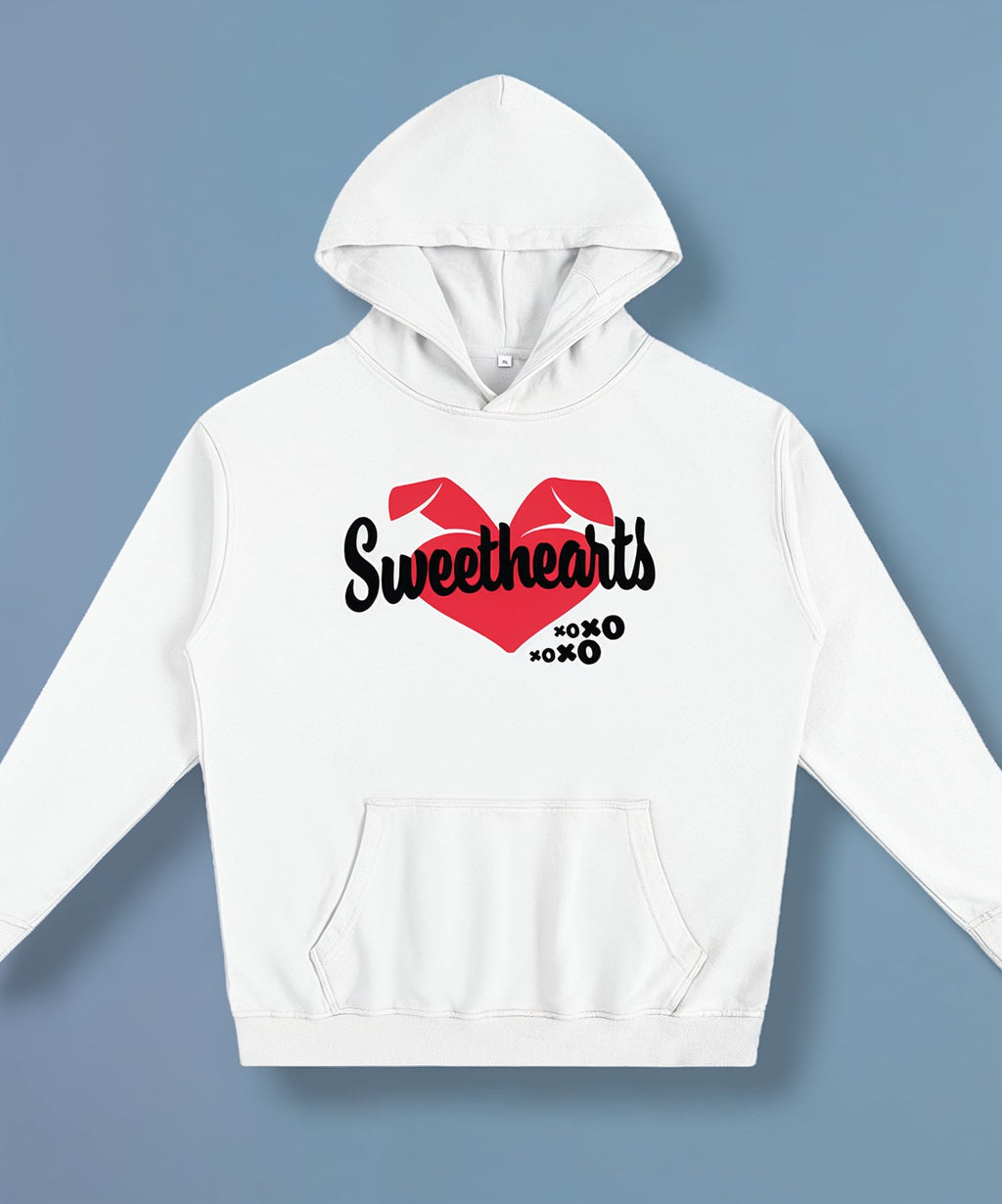 a white hoodie with a sweethearts red heart logo and xoxo design and text on a blue background