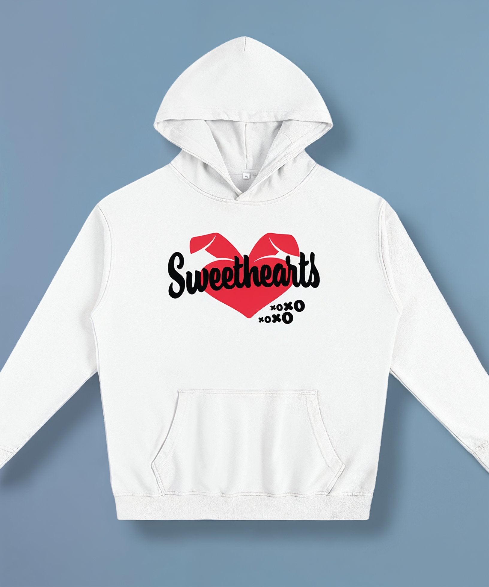 a white hoodie with a sweethearts red heart logo and xoxo design and text on a blue background